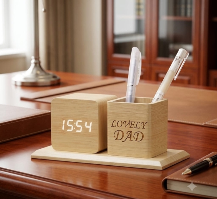 Wooden LED Desk Clock & Pen Holder