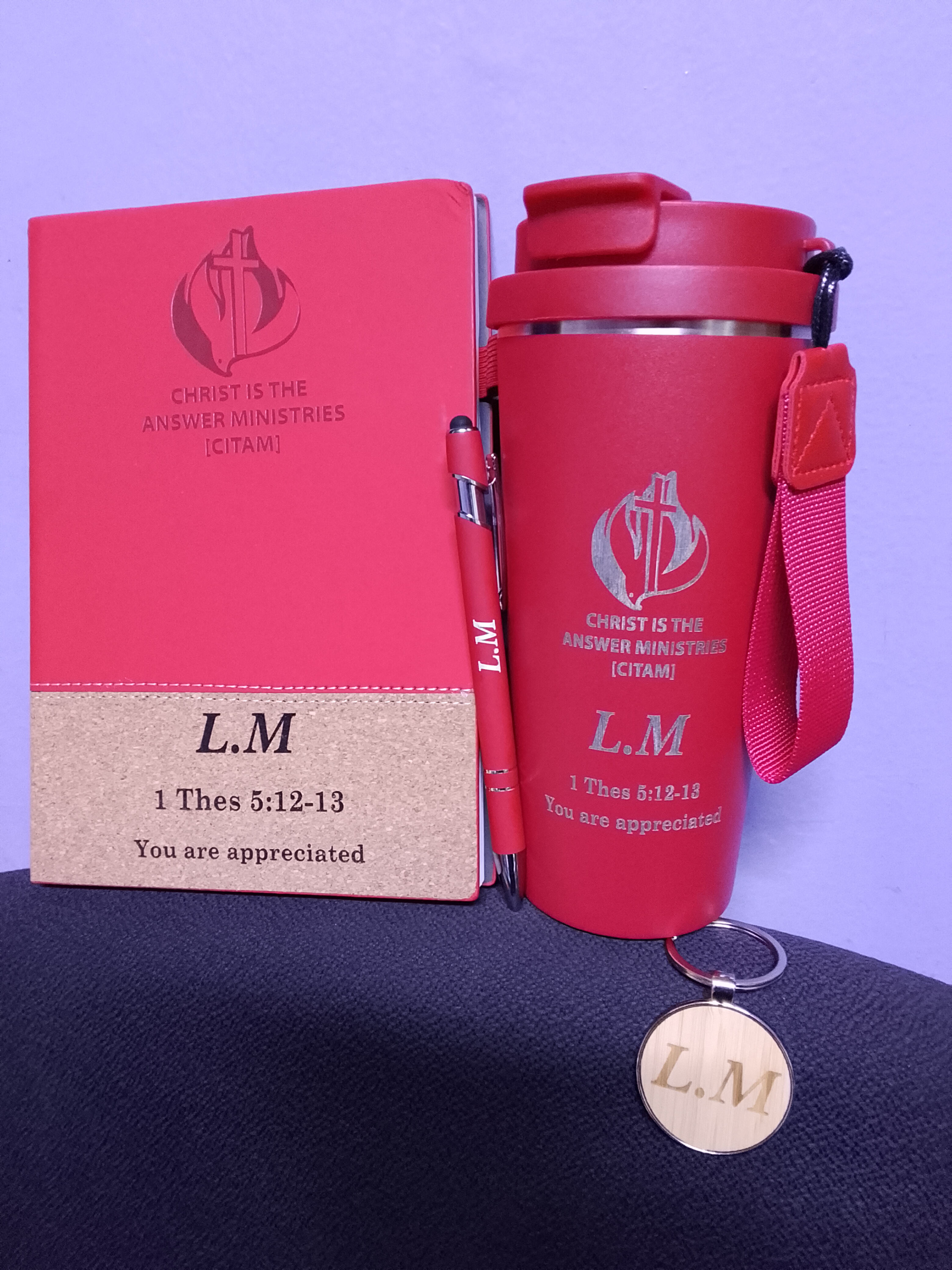 Notebook, thermal mug,pen and keyholder